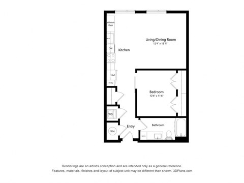 Floor plan for studio, 1 bath, 685 sqft